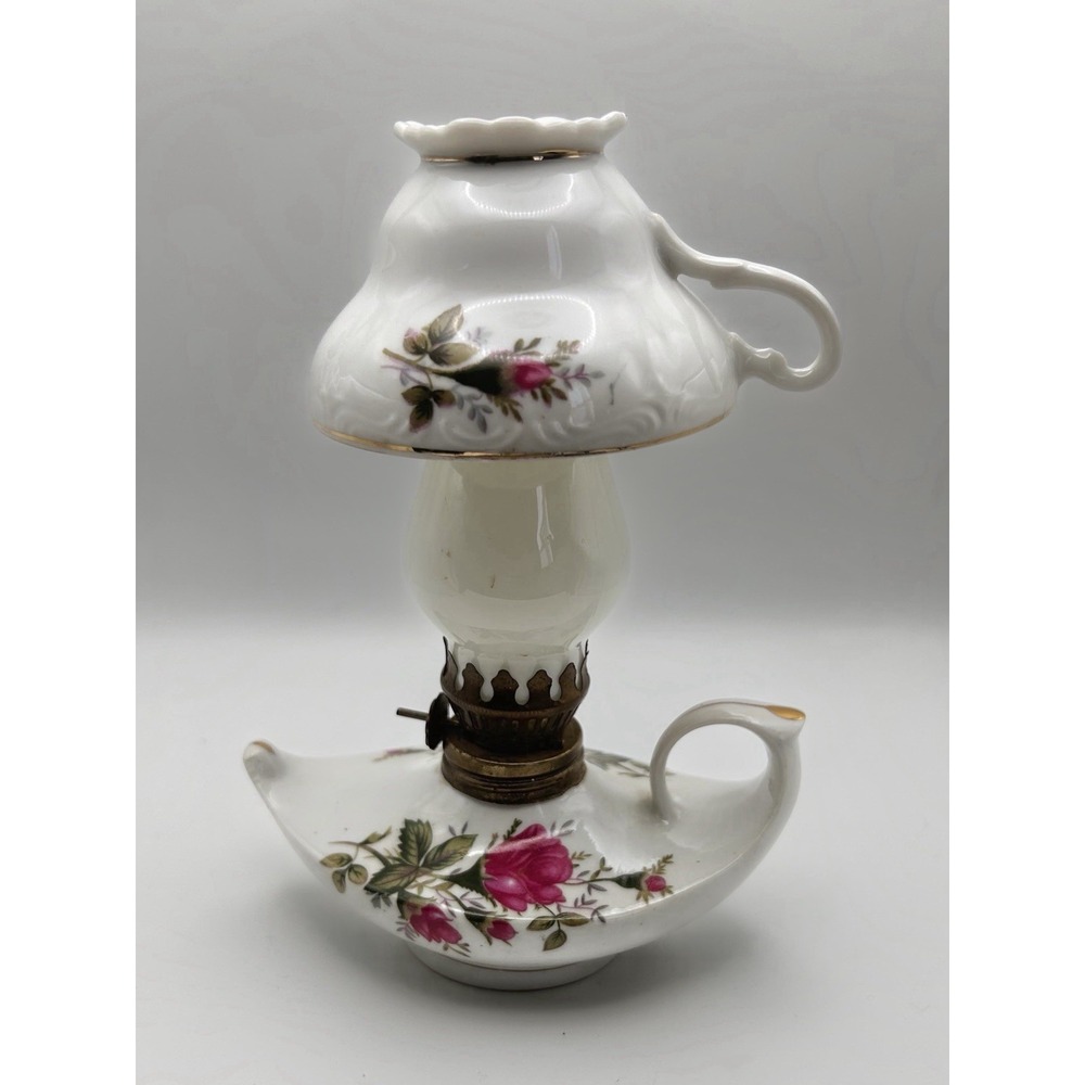 Vintage Mini Oil Lamp Porcelain Floral Boudoir w/ Demitasse‎ Cup Decor Untested